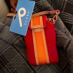 Plank Brand NWT cross body accessory case, red & orange w/ tan leather strap